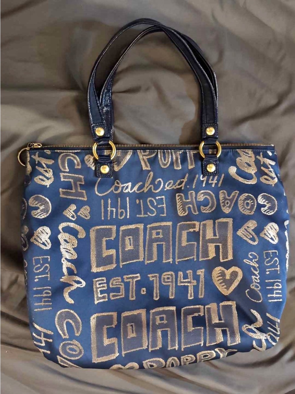 Coach Navy Tote with Gold Script Logo Allover